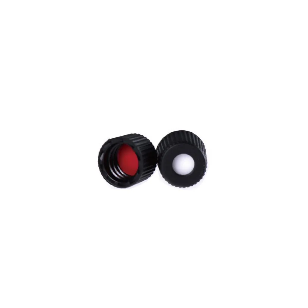 Black 8-425 Open Top Screw Cap with 8mm Red PTFE/White Silicone Septa 1.5mm Thick. .Thumbnail 1