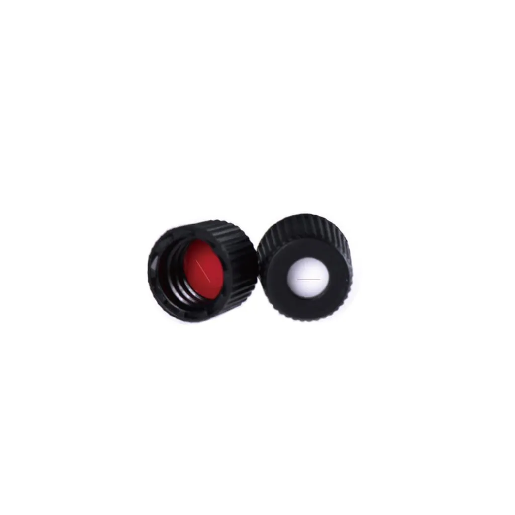 Black 8-425 Open Top Screw Cap with 8mm Red PTFE/White Silicone Septa 1.5mm Thick PRE-SLIT. .Thumbnail 1