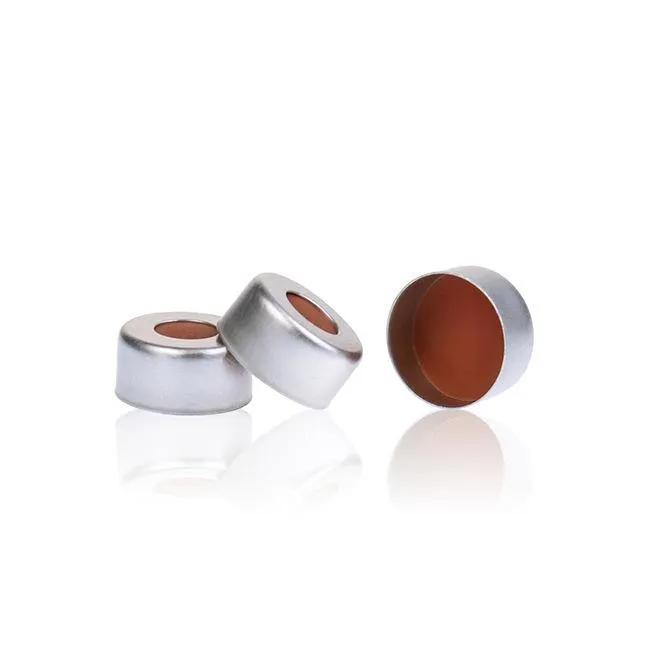 Silver 11mm Open Top Crimp Cap with Transparent TEF/Natural Rubber red-orange Septa 1mm Thick. .Thumbnail 1