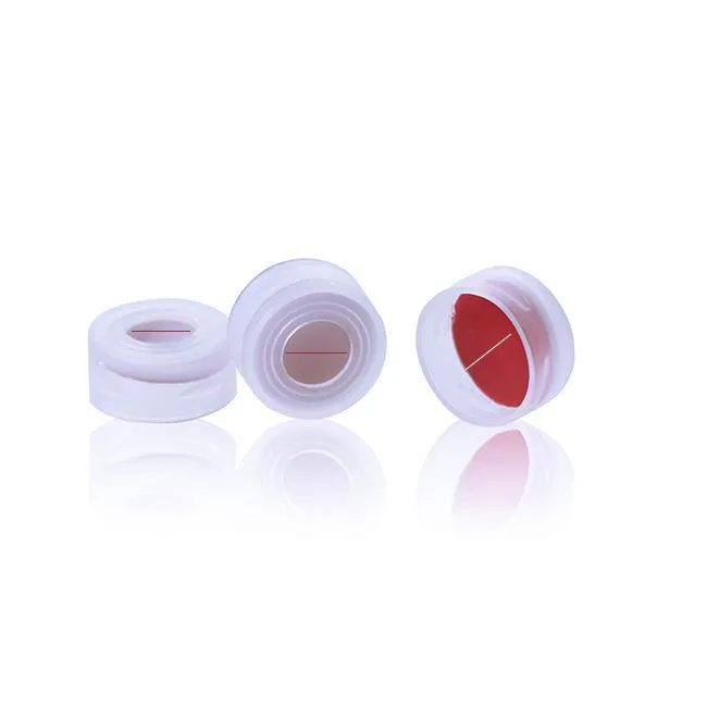 Clear 11mm Open Top Snap Cap with Red PTFE/White Silicone Septa 1mm Thick PRE-SLIT. .Thumbnail 1