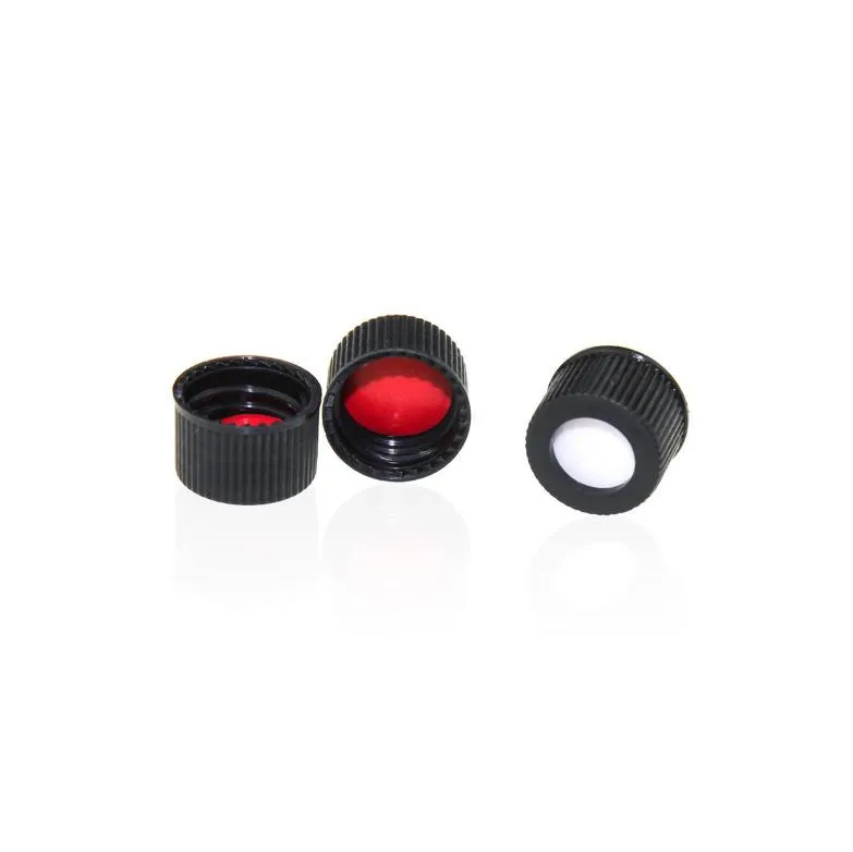 13-425 Black PP Open Top Screw Cap with Red PTFE/White Silicone Septa 1mm Thick.Thumbnail 1