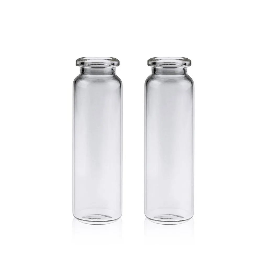 20mL Clear Glass 22.5x75mm Crimp Headspace Vial. 20mm Beveled Edge. Rounded-flat Bottom. Short Neck.Thumbnail 1