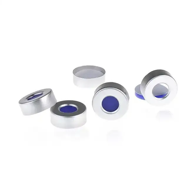 20mm Open Top Aluminum Crimp Cap  with 20mm White PTFE/Blue Silicone Septa 3mm Thick.Thumbnail 1