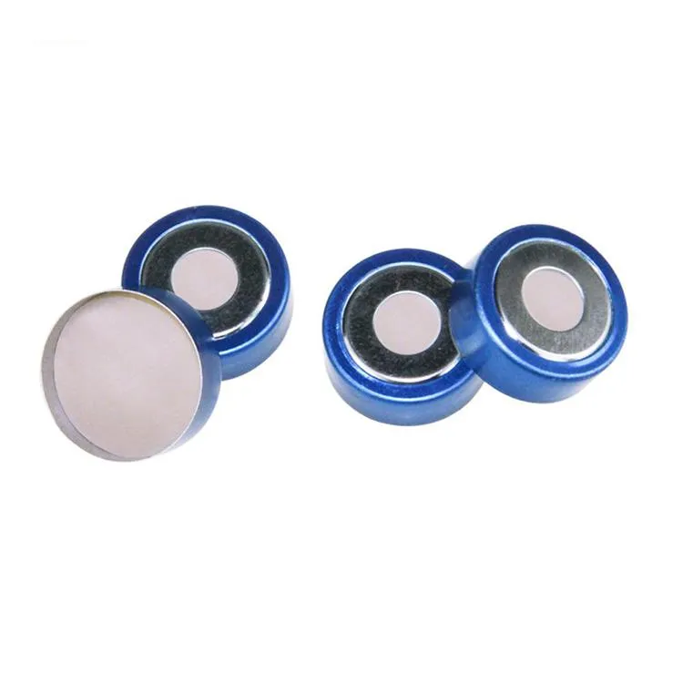 20mm Open Top Bi-Metallic Crimp Cap  Blue & Silver with 20mm Natural PTFE/Natural Silicone Septa 3mm Thick.Thumbnail 1