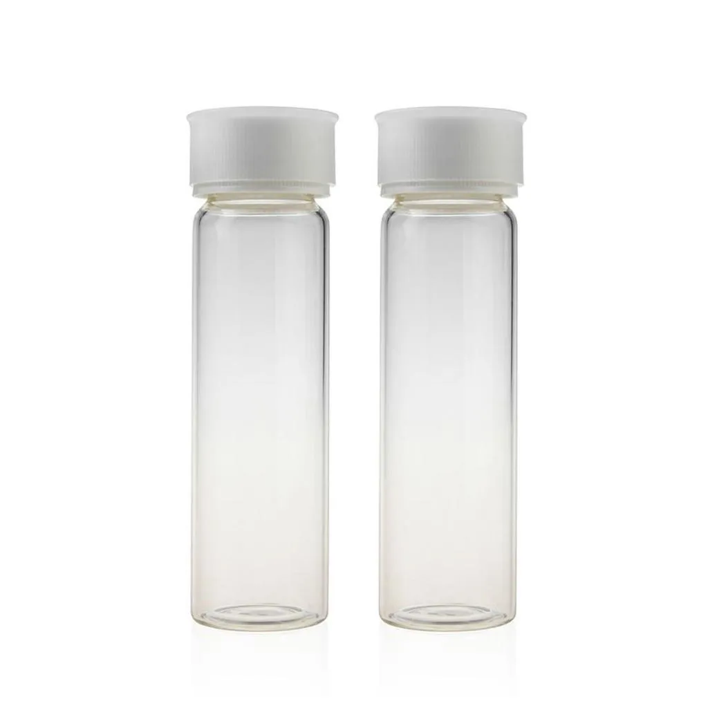 40mL Clear Glass EPA/TOC Vial 27.5x95mm 24-400 White Open Top PP Screw Cap with 22mm Natural PTFE/White Silicone 3.0mm Thick Septa and Dust Cover. Pre-assembled.Thumbnail 1