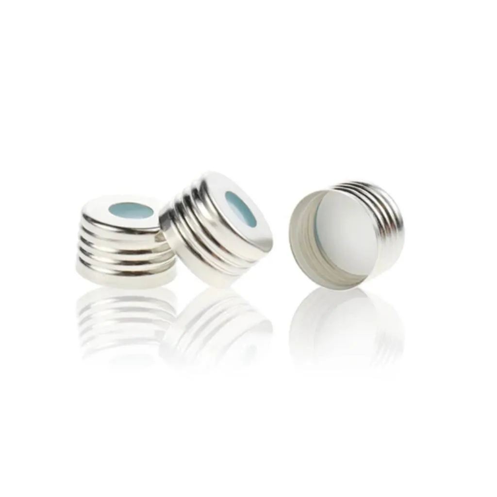 18mm Silver Color Open Top Metal Cap  with 17.5mm White PTFE/Blue Transparent Silicone Septa 1.5mm Thick .Thumbnail 1