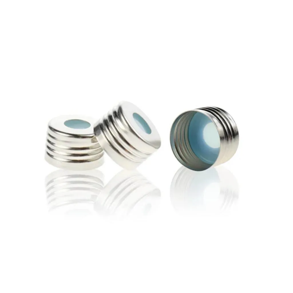 18mm Silver Color Open Top Metal Cap  with 17.5mm Natural PTFE/Blue Transparent Silicone Septa 1.5mm Thick .Thumbnail 1