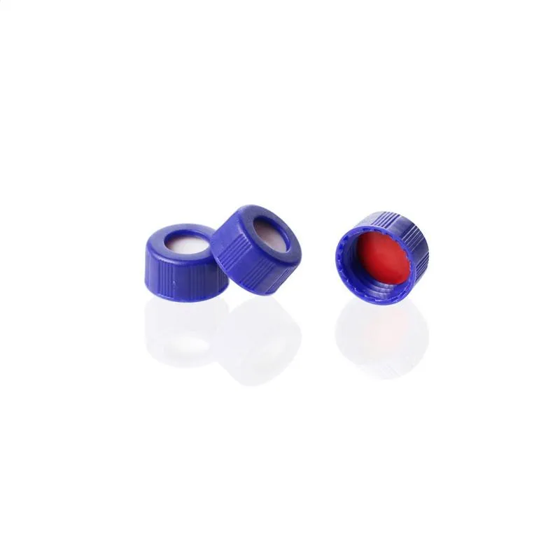 9-425 Blue Open Top Ribbed Screw Cap with 9 mm Red PTFE/White Silicone Septa 1.0mm Thick. .Thumbnail 1