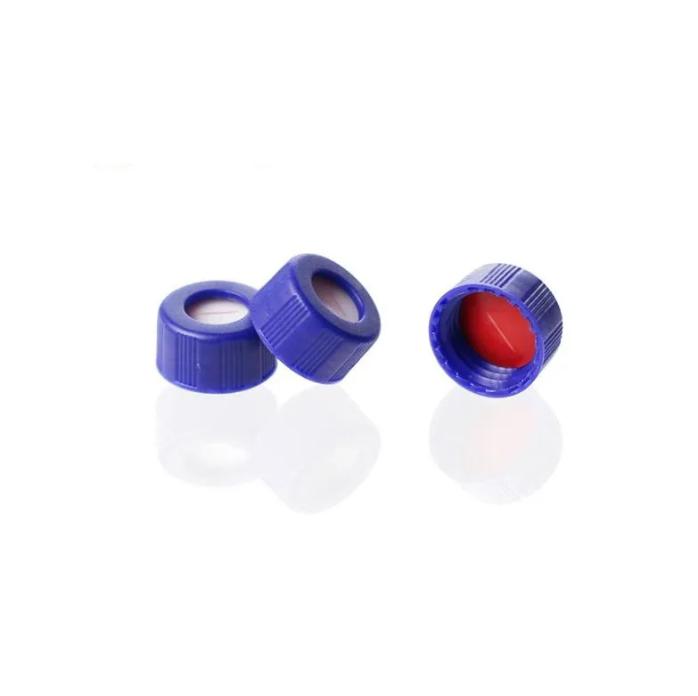 9-425 Blue Open Top Ribbed Screw Cap with 9 mm Red PTFE/White Silicone Septa 1.0mm Thick Pre-Slit. .Thumbnail 1