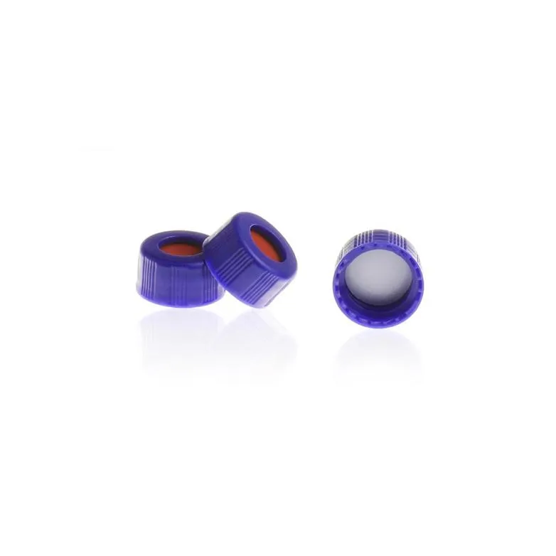 Blue 9-425 Open Top Ribbed Screw Cap with 9mm White PTFE/Red Silicone Septa 1mm Thick .Thumbnail 1