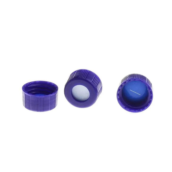 9-425 Blue Open Top Ribbed Screw Cap with 9 mm Blue PTFE/White Silicone Septa 1.0mm Thick Pre-Slit. .Thumbnail 1