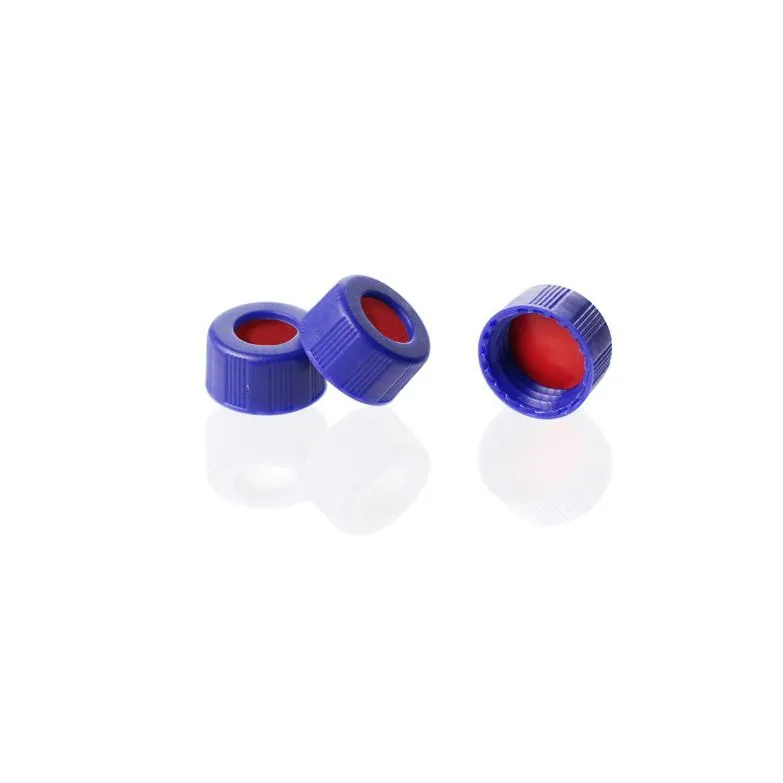 9-425 Blue Open Top Ribbed Screw Cap with 9 mm Red PTFE/White Silicone /Red PTFE Septa 1.0mm Thick. .Thumbnail 1
