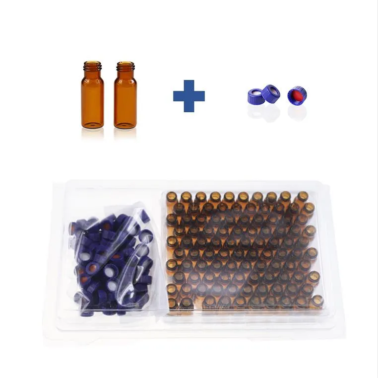 2mL Amber Glass 12x32mm Flat Base 9-425 Screw Thread Vial. Blue 9-425 Open Top Ribbed Screw Cap with 9mm Red PTFE/White Silicone Septa 1mm Thick.Thumbnail 1