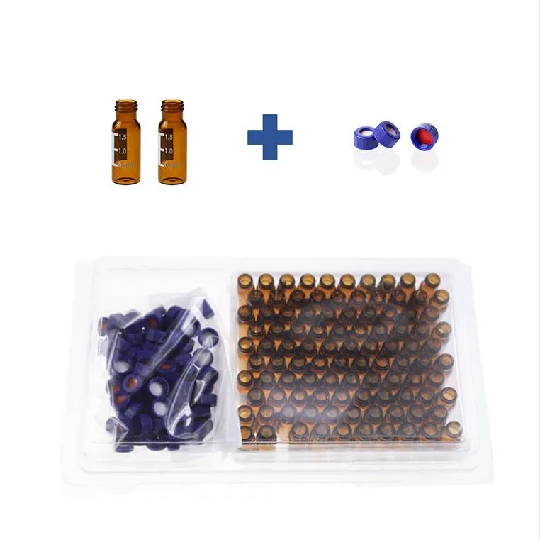 2mL Amber Glass 12x32mm Flat Base 9-425 Screw Thread Vial with Label. Blue 9-425 Open Top Ribbed Screw Cap with 9mm Red PTFE/White Silicone Septa 1mm Thick.Thumbnail 1