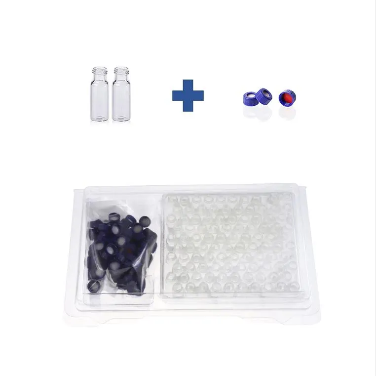 2mL Clear Glass 12x32mm Flat Base 9-425 Screw Thread Vial. Blue 9-425 Open Top Ribbed Screw Cap with 9mm Red PTFE/White Silicone Septa 1mm Thick.Thumbnail 1